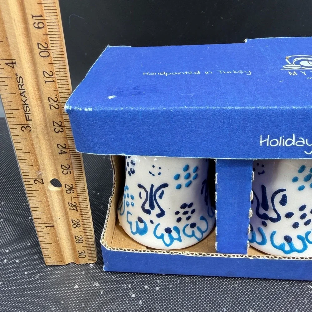 Myth Arts Ceramic Bell Ornaments Set 3 Handpainted Turkey Blue White Holiday NEW